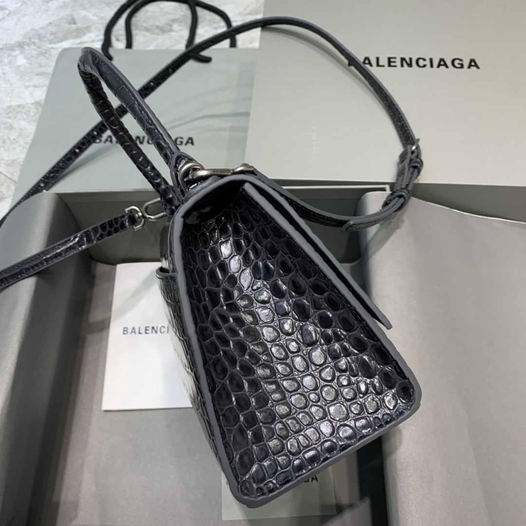 Balenciaga Hourglass Small Handbag Crocodile Embossed Shoulder Bag Black